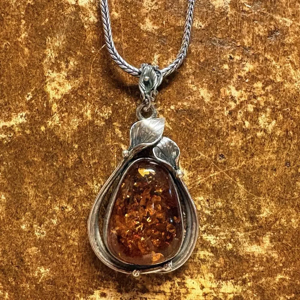 Sterling Silver & Baltic Amber Pendant w/ Calla Lily Designs 25 Inches Fox Tail